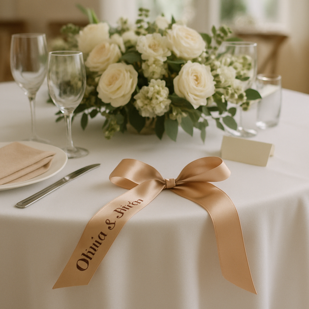 Wedding table decor featuring custom satin ribbon
