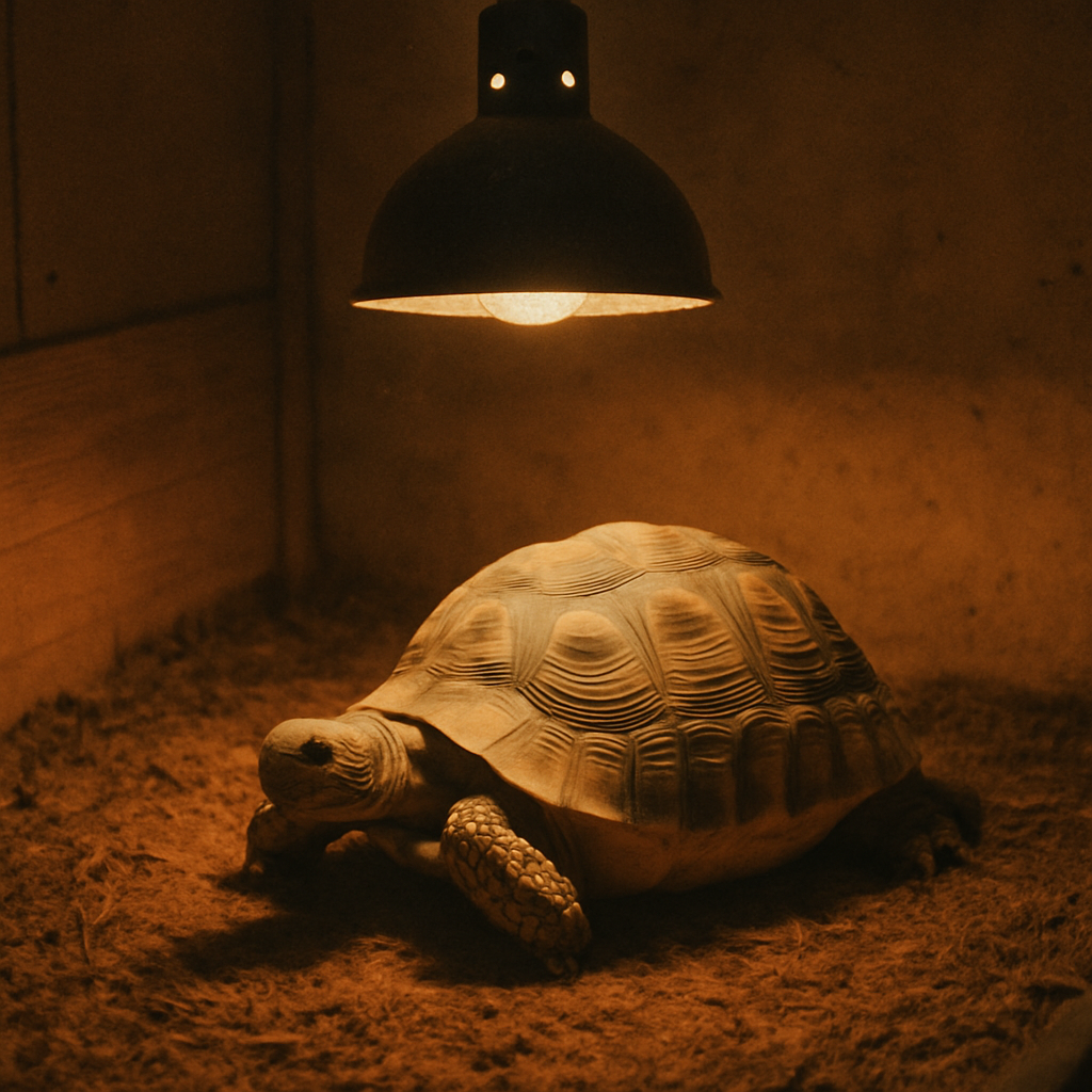 A tortoise basking under a heat lamp in its enclosure