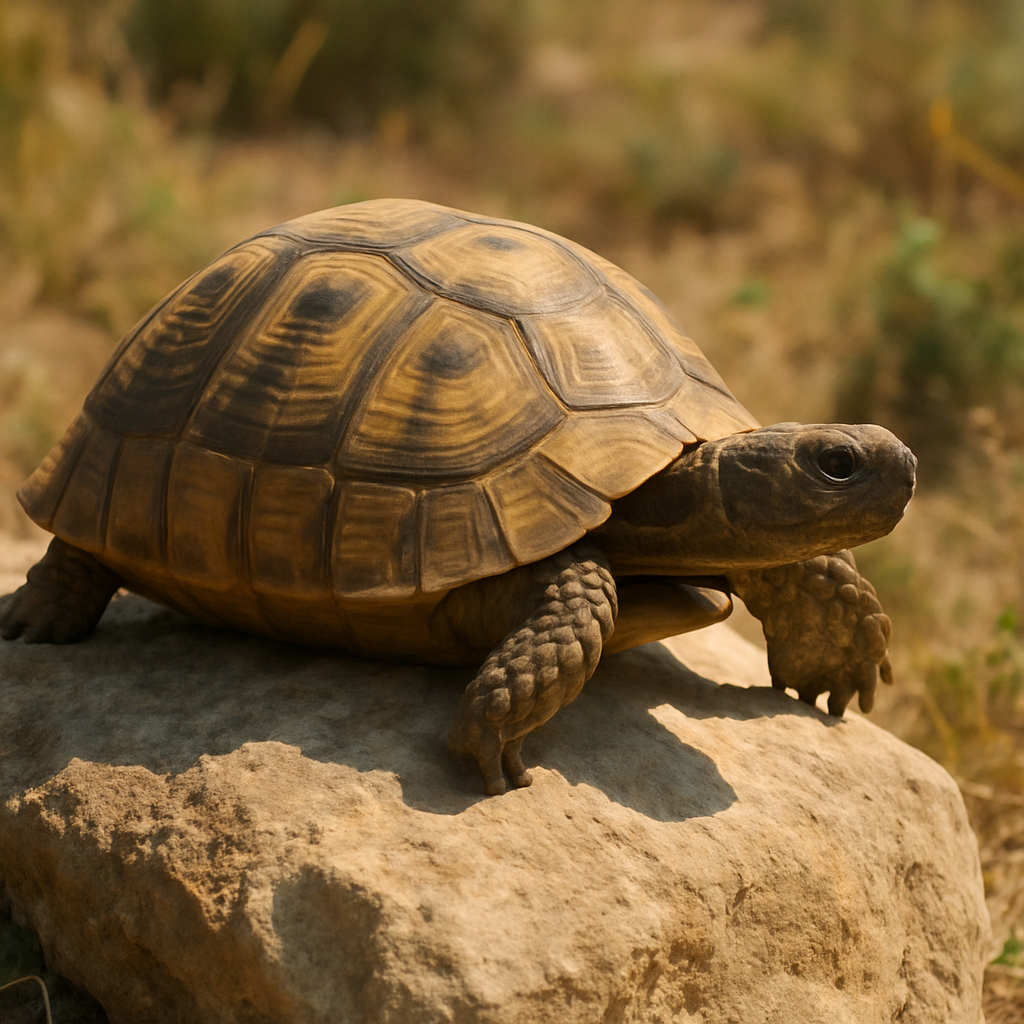 A tortoise in the wild sunbathing on a rock, illustrating its natural heating needs
