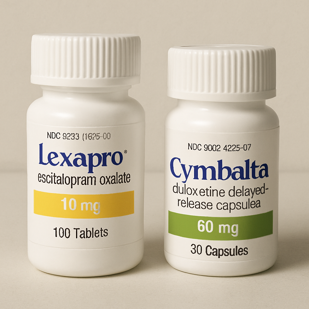 Two different pill bottles representing Lexapro and Cymbalta