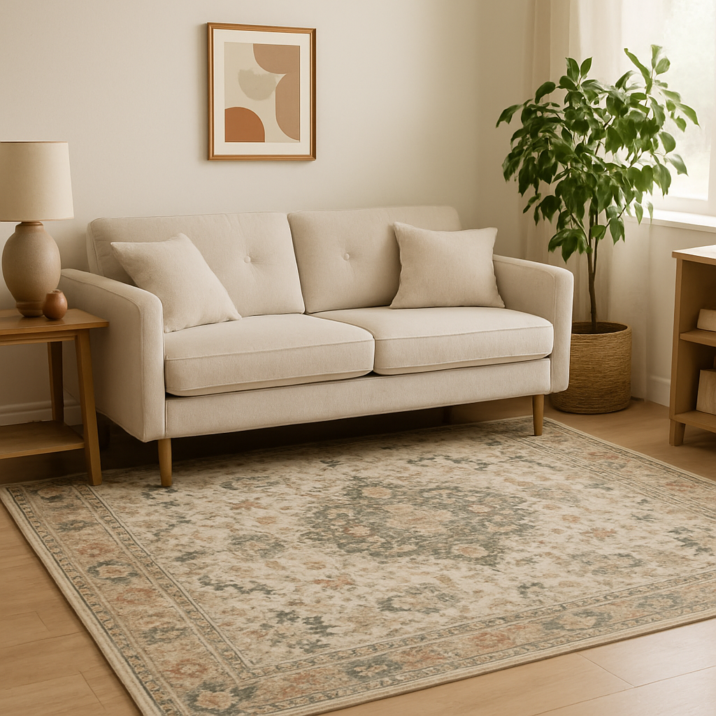 A cozy living room with a stylish washable rug