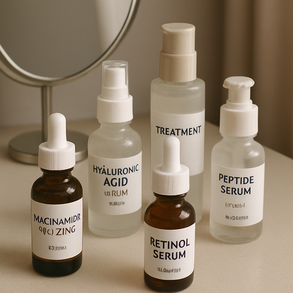 A collection of serums and skincare treatments on a vanity table