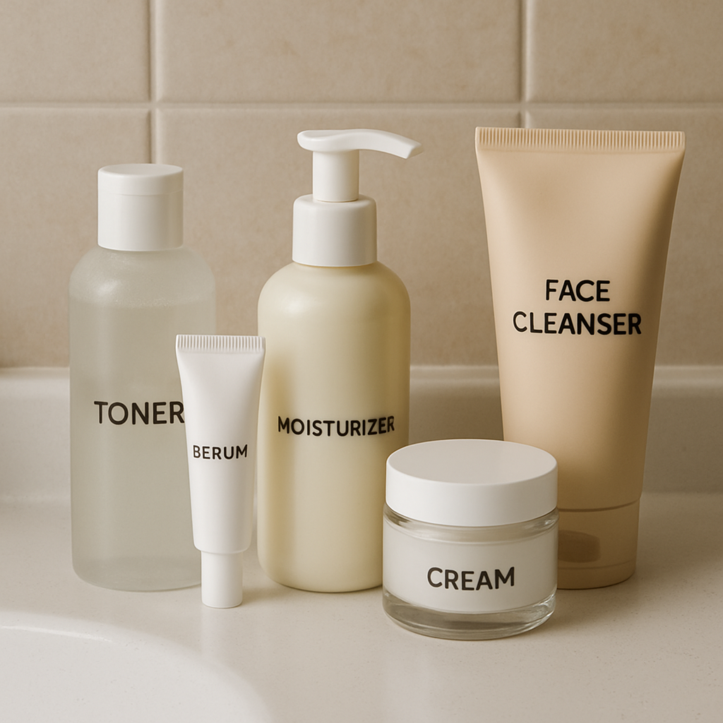 A selection of skincare products arranged on a bathroom counter