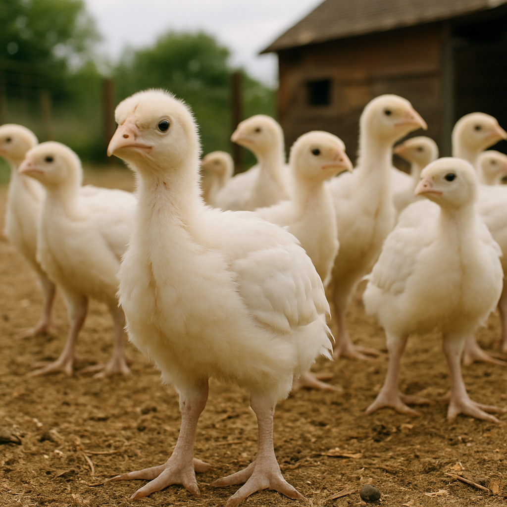 Giant white turkey chicks at a farm