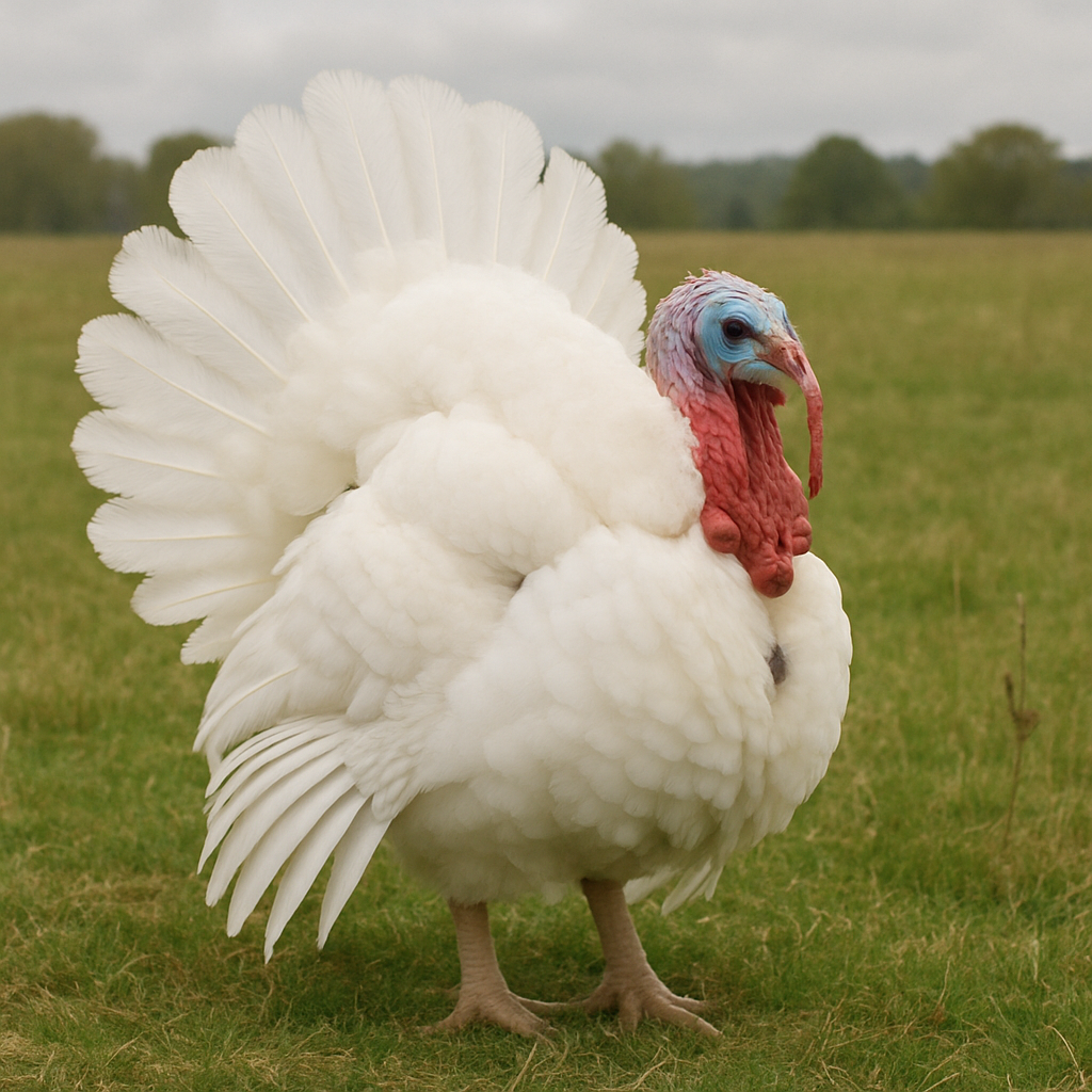 Giant white turkey in a field