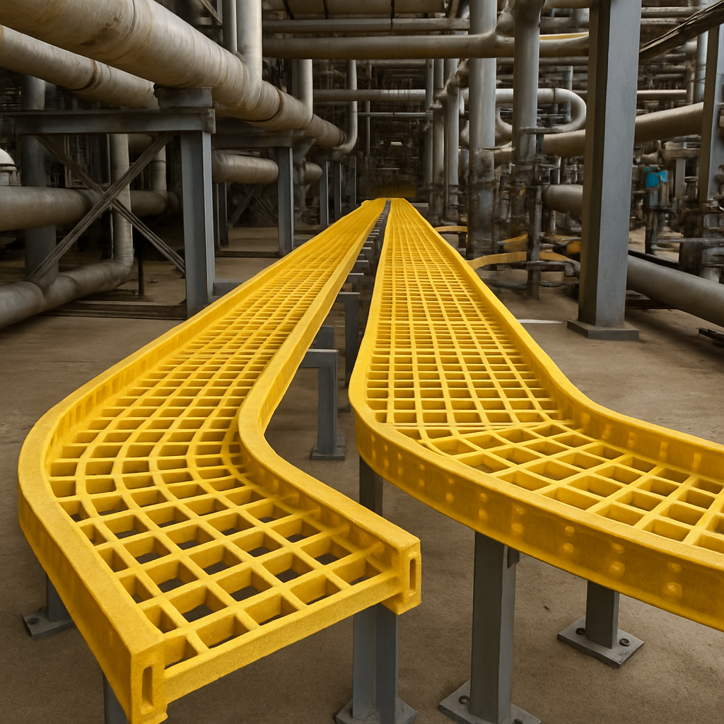 FRP cable trays in an industrial setting