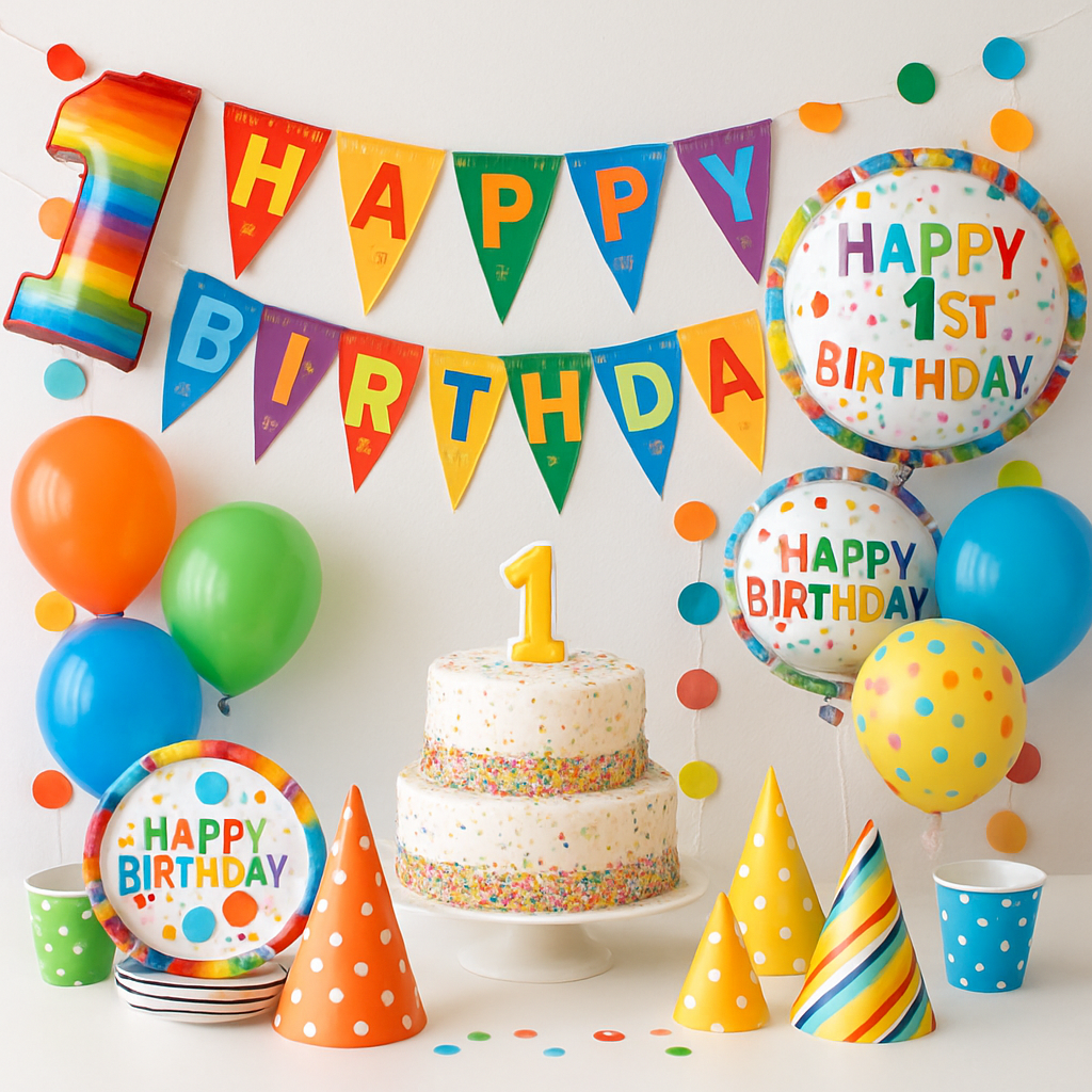 A colorful and festive first birthday party setup with themed decorations and party plates