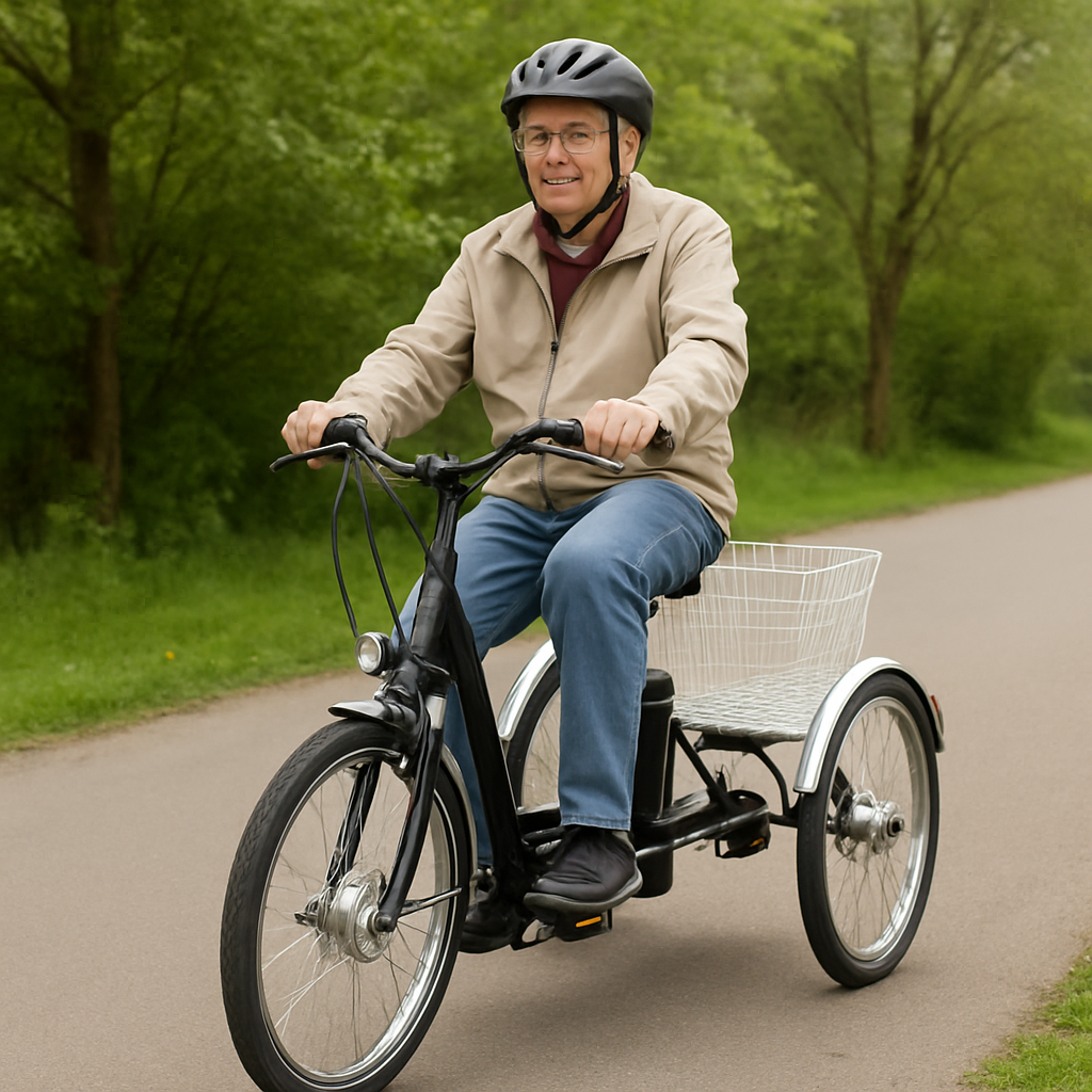 Personne âgée utilisant un vélo électrique 3 roues en toute sécurité