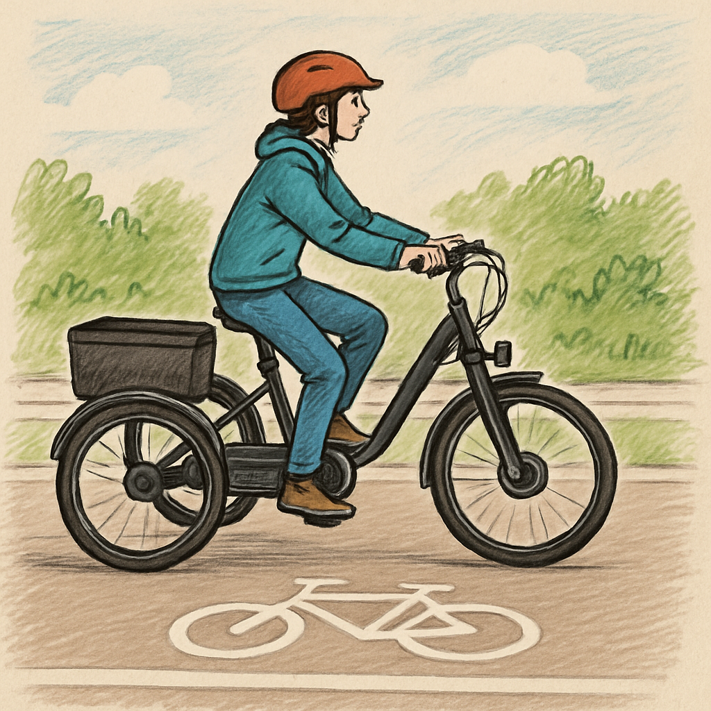 Illustration d'un vélo électrique 3 roues en mouvement sur une piste cyclable