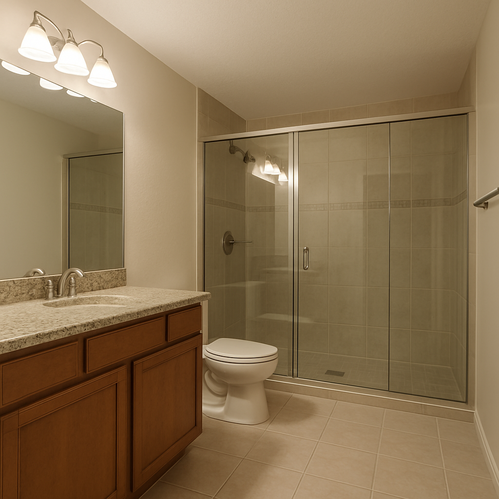 Spacious bathroom with glass shower doors