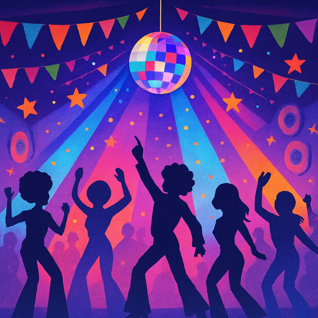 Disco themed party with vibrant lights and decorations