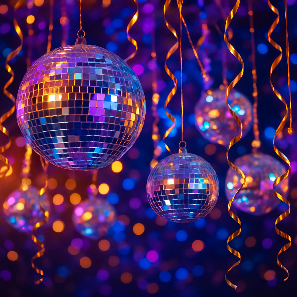 Shimmering disco balls and streamers at a party