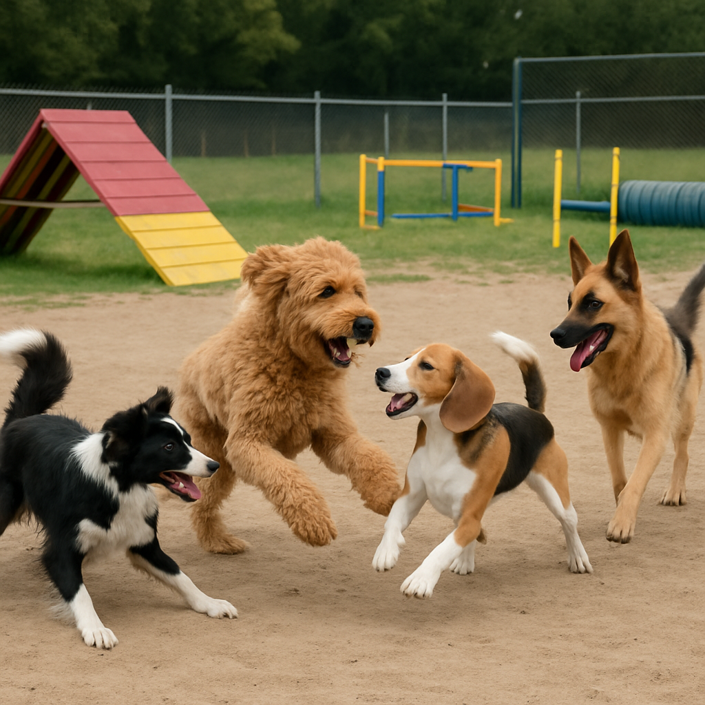 Dogs playing together at a training camp