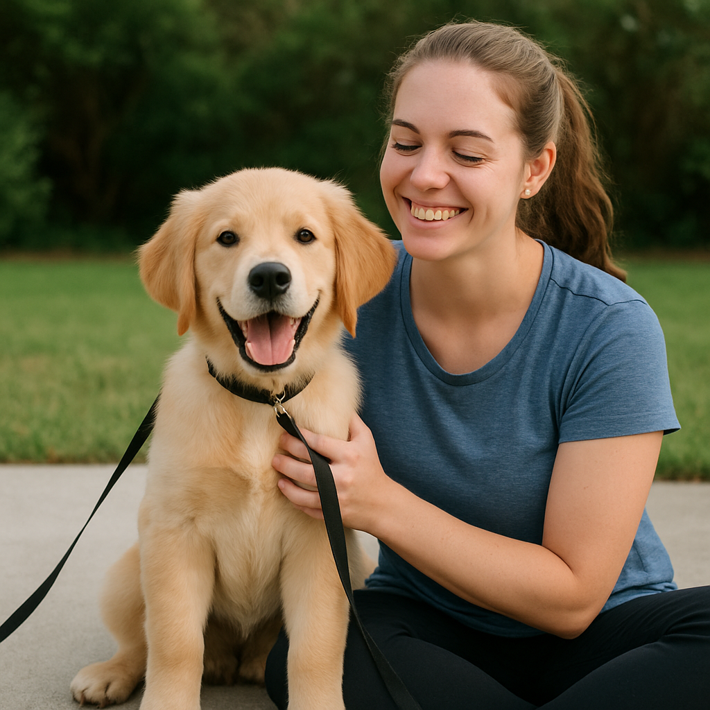 Happy puppy sitting with trainer