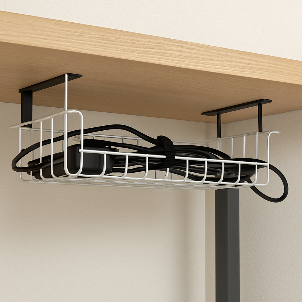 Cable management tray installed under a desk