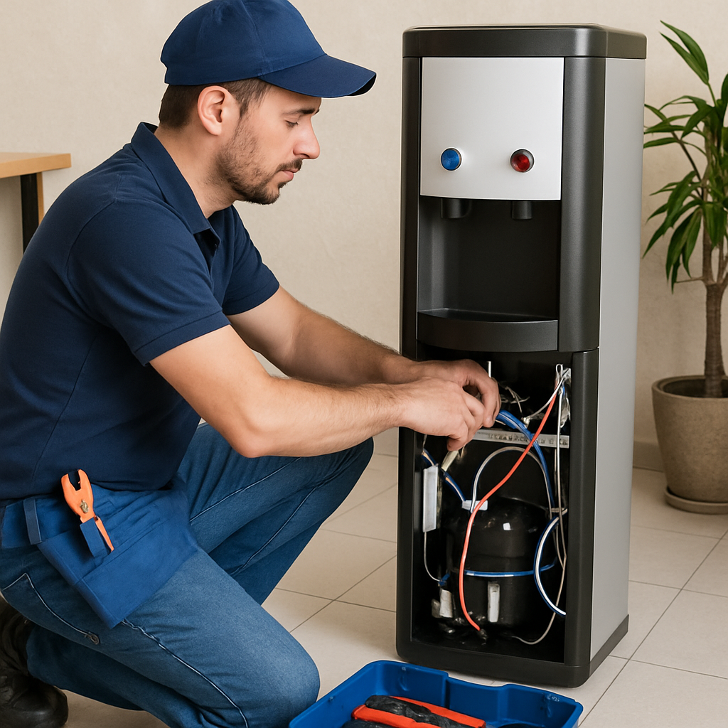 Technicien effectuant l'entretien d'une fontaine à eau