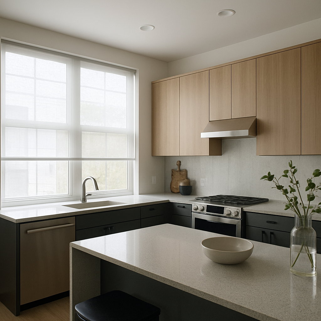 Modern kitchen with translucent shades