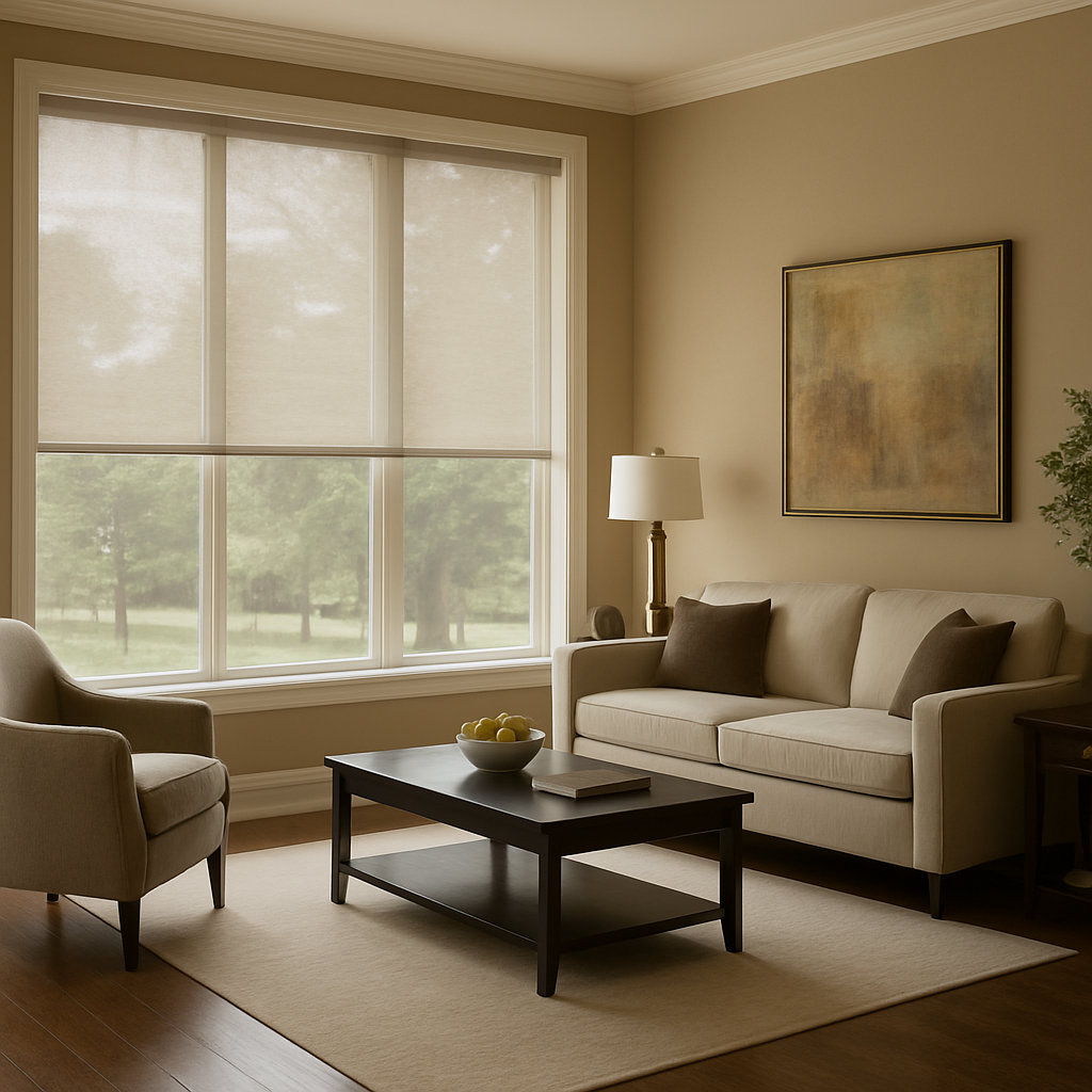 Elegant living room with transparent roller shades