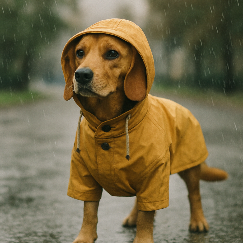 Dog in a stylish raincoat on a rainy day