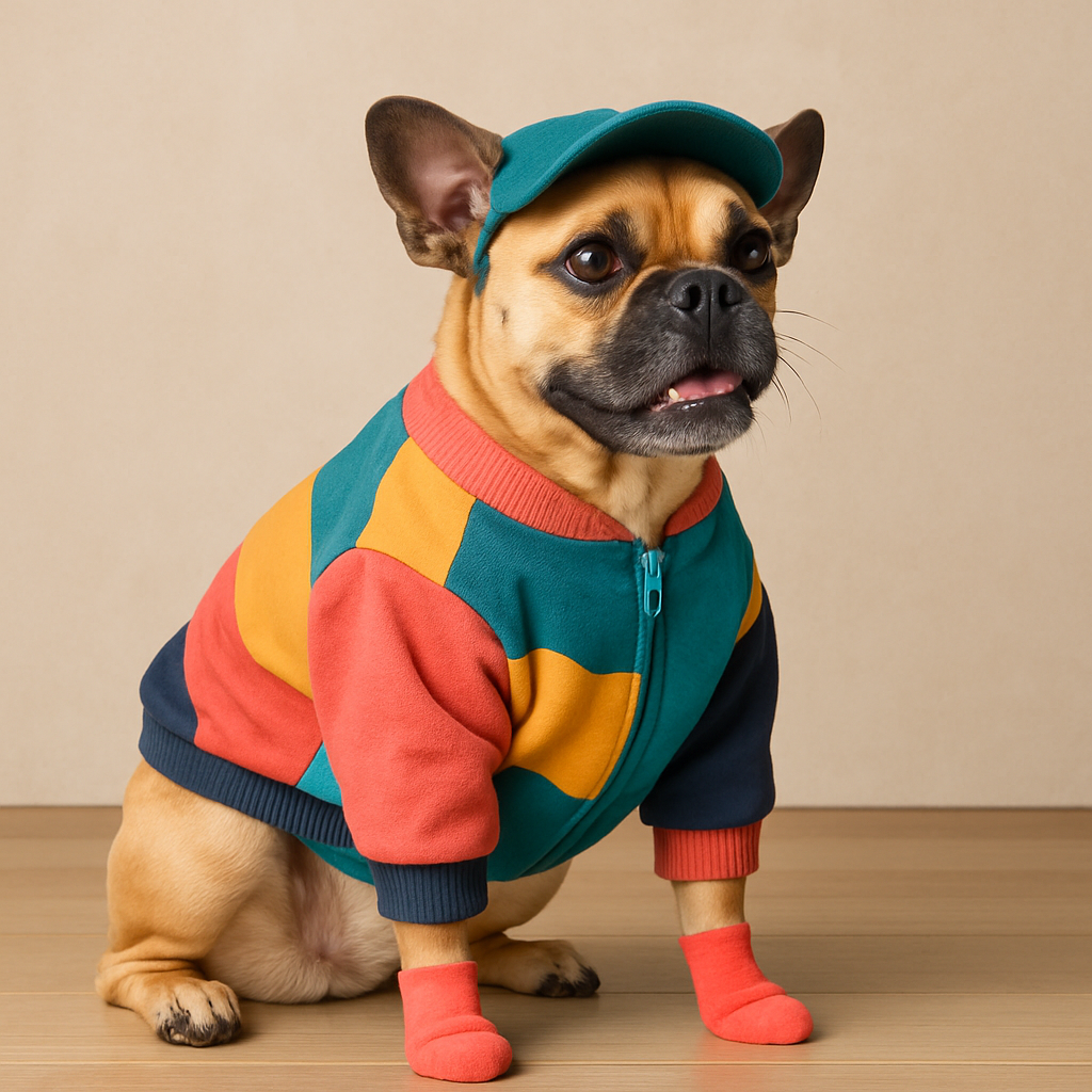 A stylish dog wearing a colorful outfit, showcasing doggie clothing options