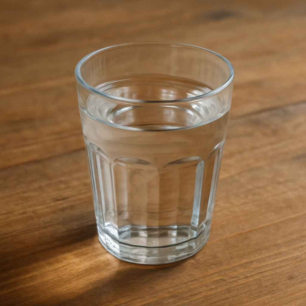 Verre d'eau cristalline posé sur une table en bois