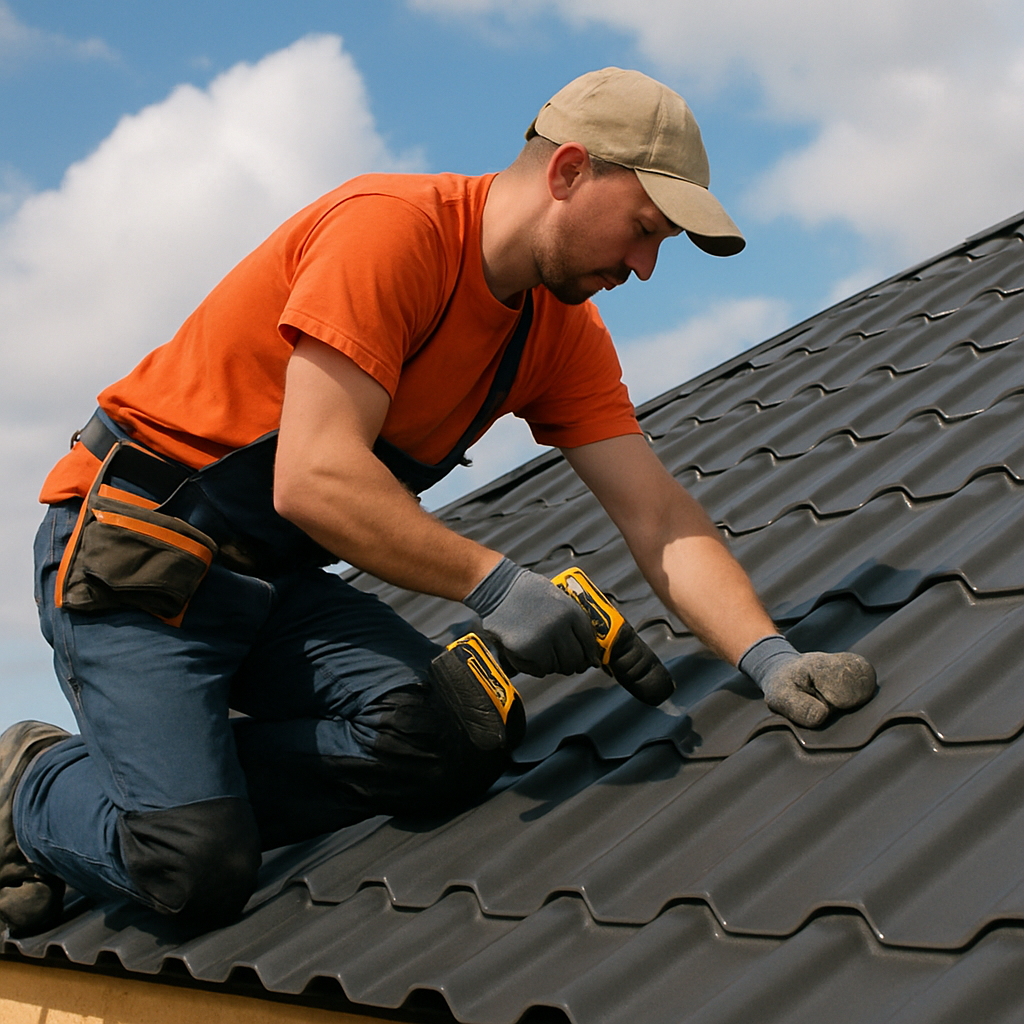 Roofer installing metal roof