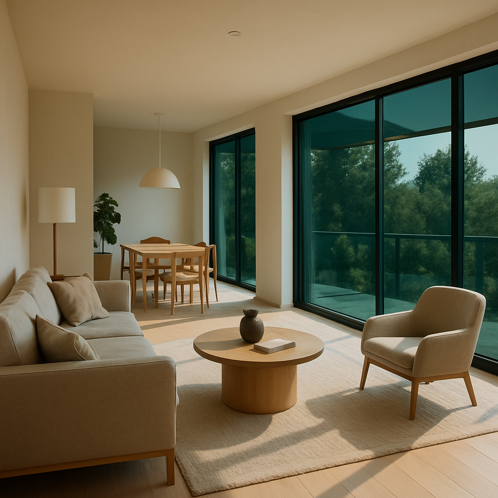 Modern home interior with tinted windows