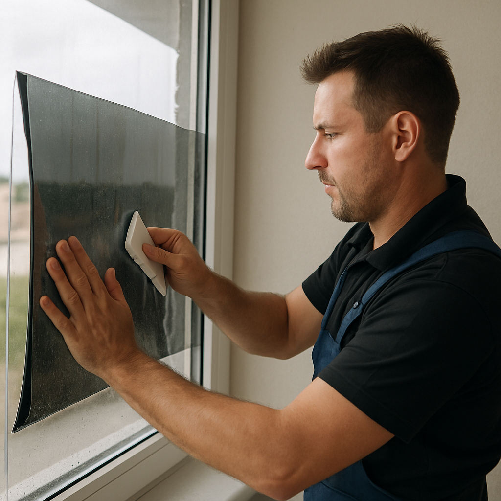 Professional installer applying window film