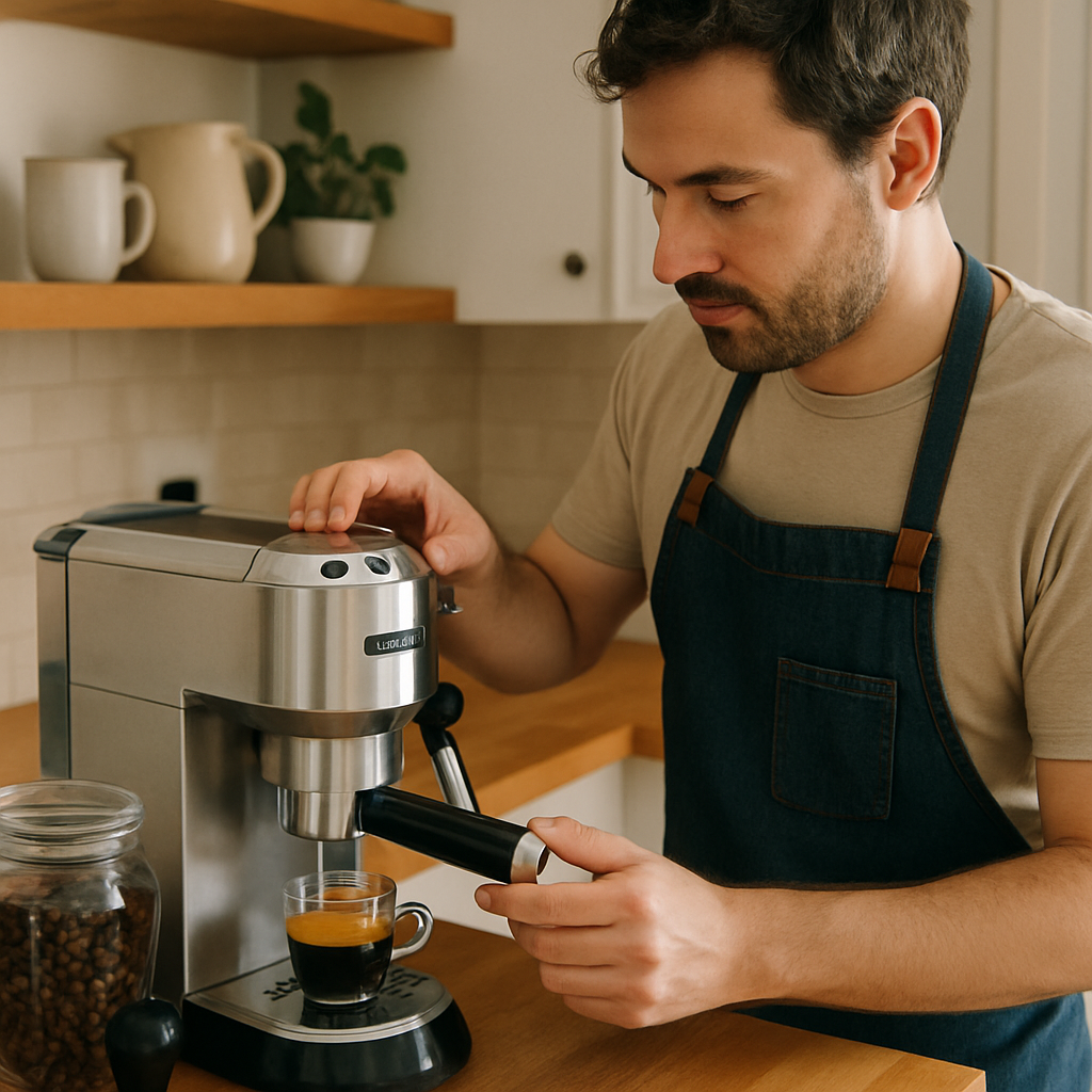 A home barista making espresso in their kitchen