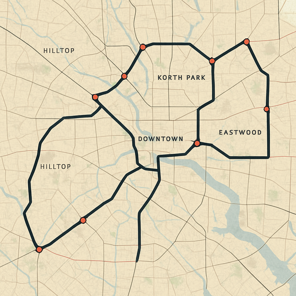 Imagem de um mapa com itinerários traçados por um agente
