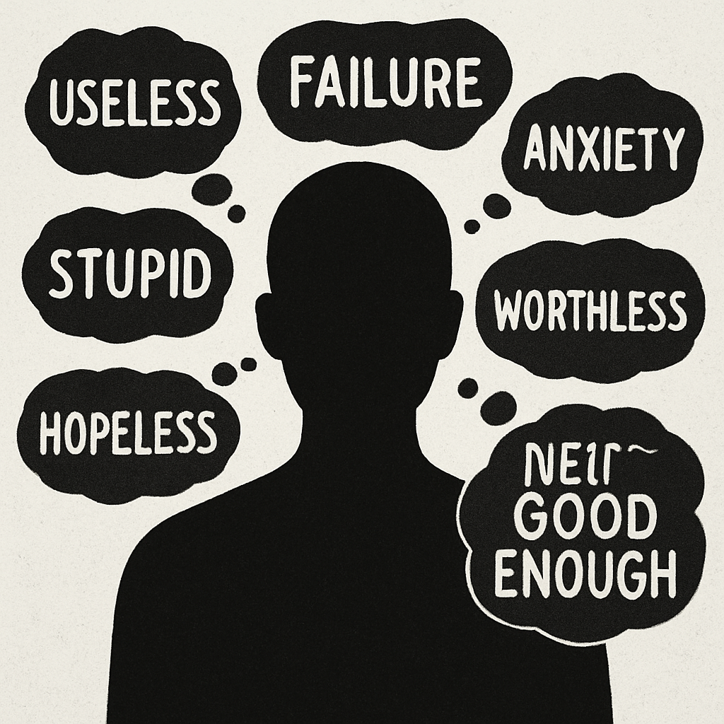 A silhouette of a person surrounded by negative thoughts