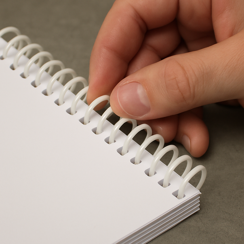 Close-up of plastic coil binding being applied