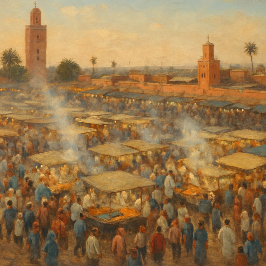 The bustling Djemaa el-Fna market square in Marrakech, filled with food stalls and people