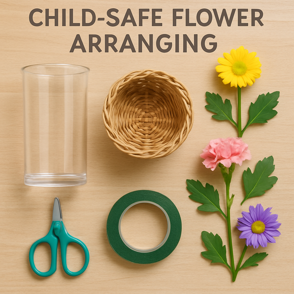 A selection of child-safe flower arranging materials