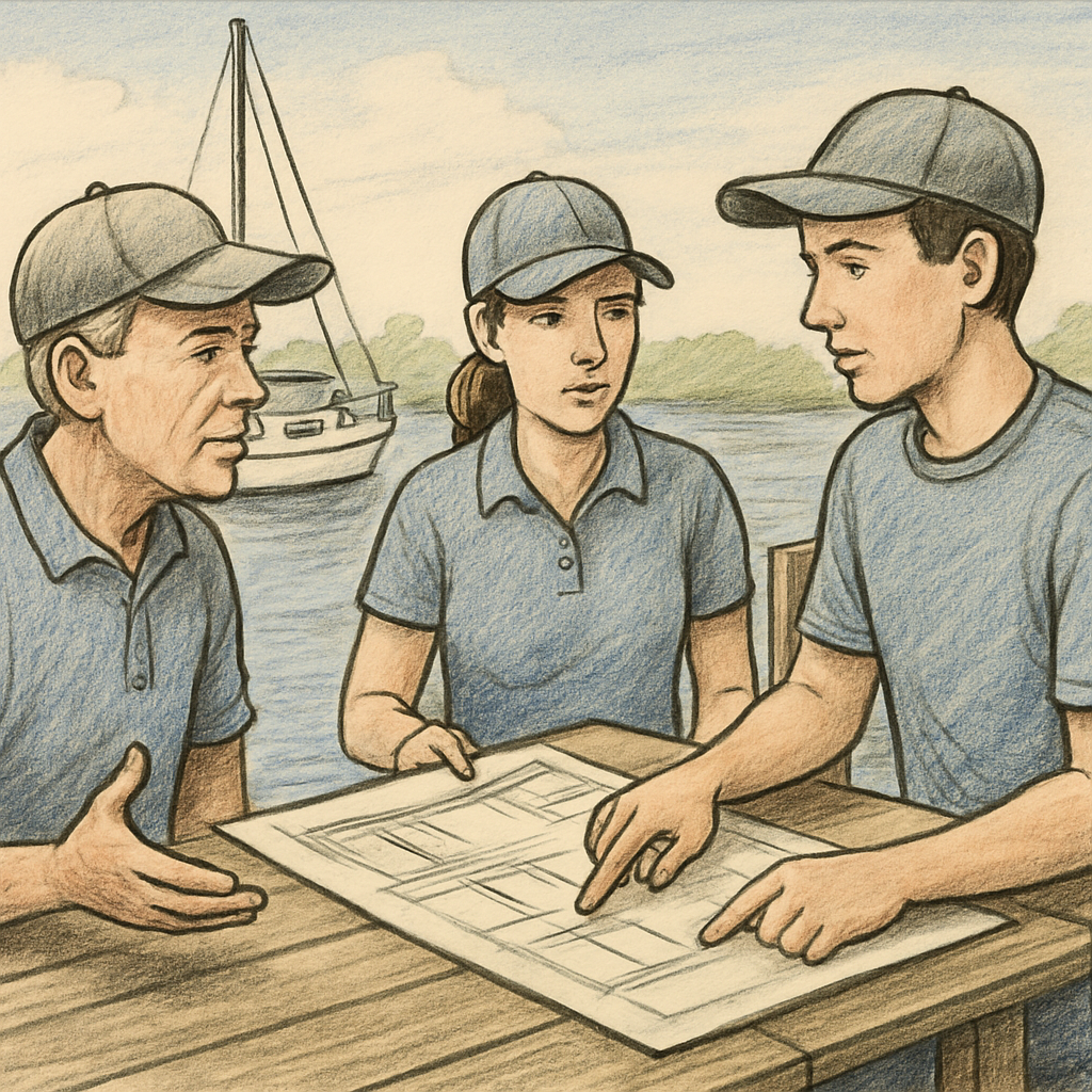 Boaters discussing dock repair options