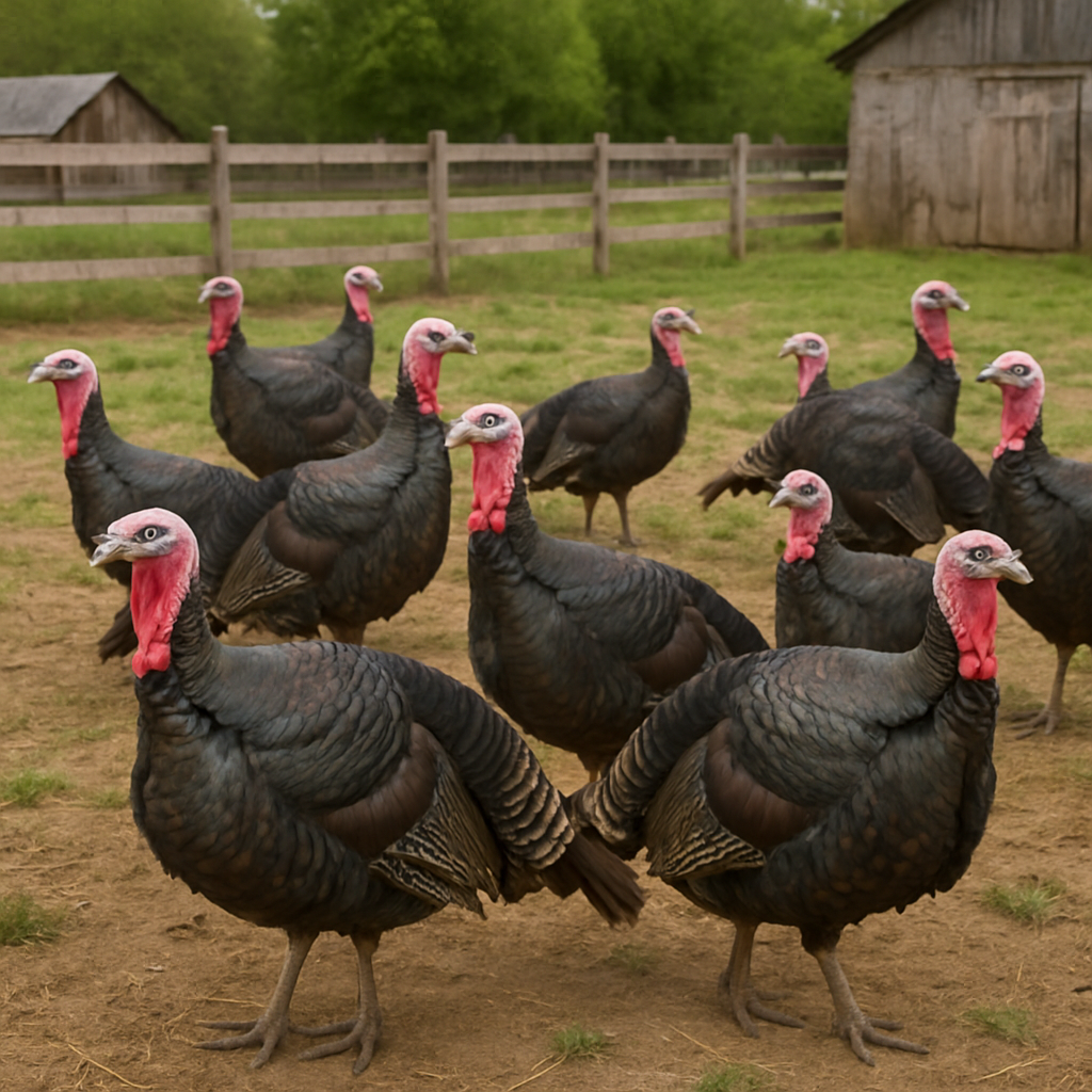 A flock of Broad Breasted Bronze Turkeys in a farm setting