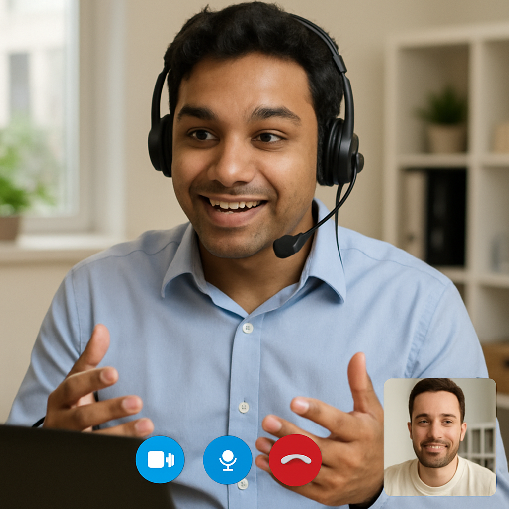 A customer service representative on a video call with a customer