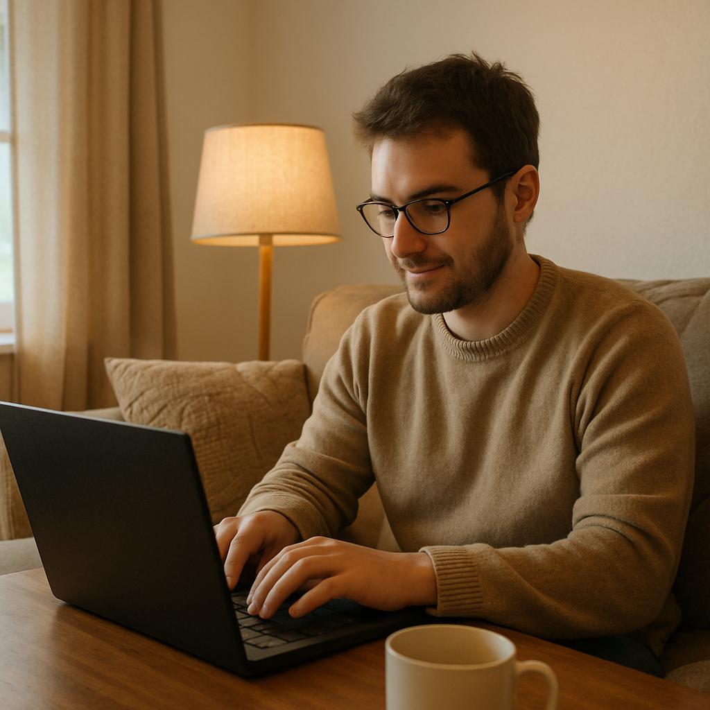 A person working from home on a laptop in a cozy setting