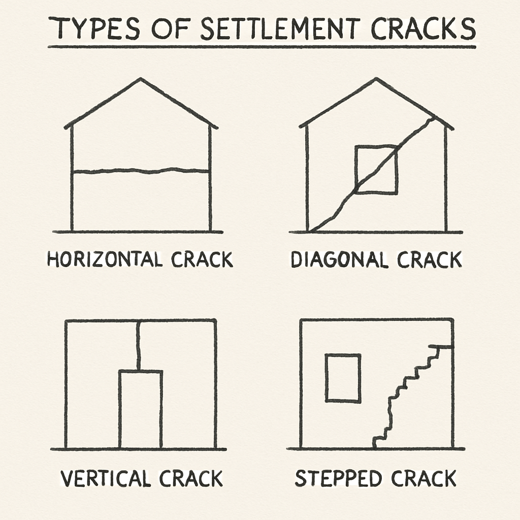 Diagram showing different types of settlement cracks