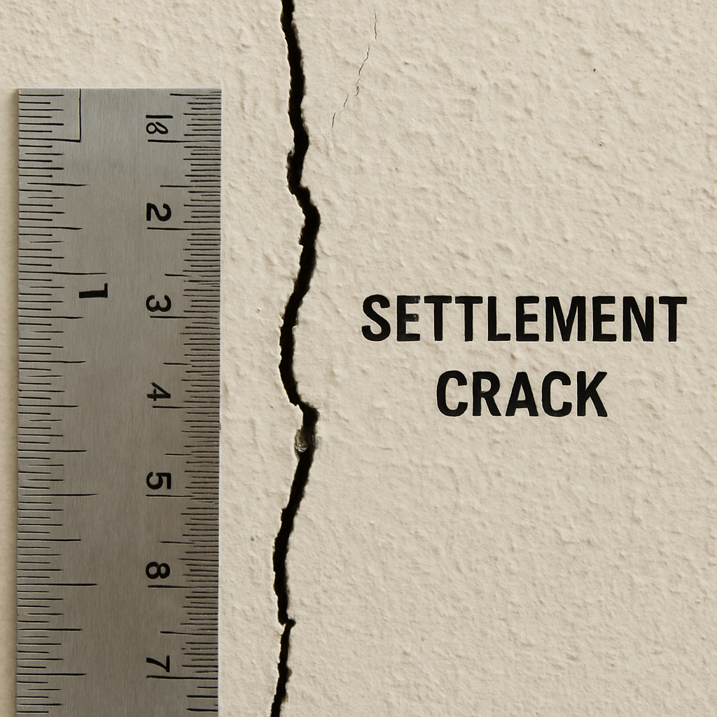 Close-up of settlement cracks with a ruler for scale