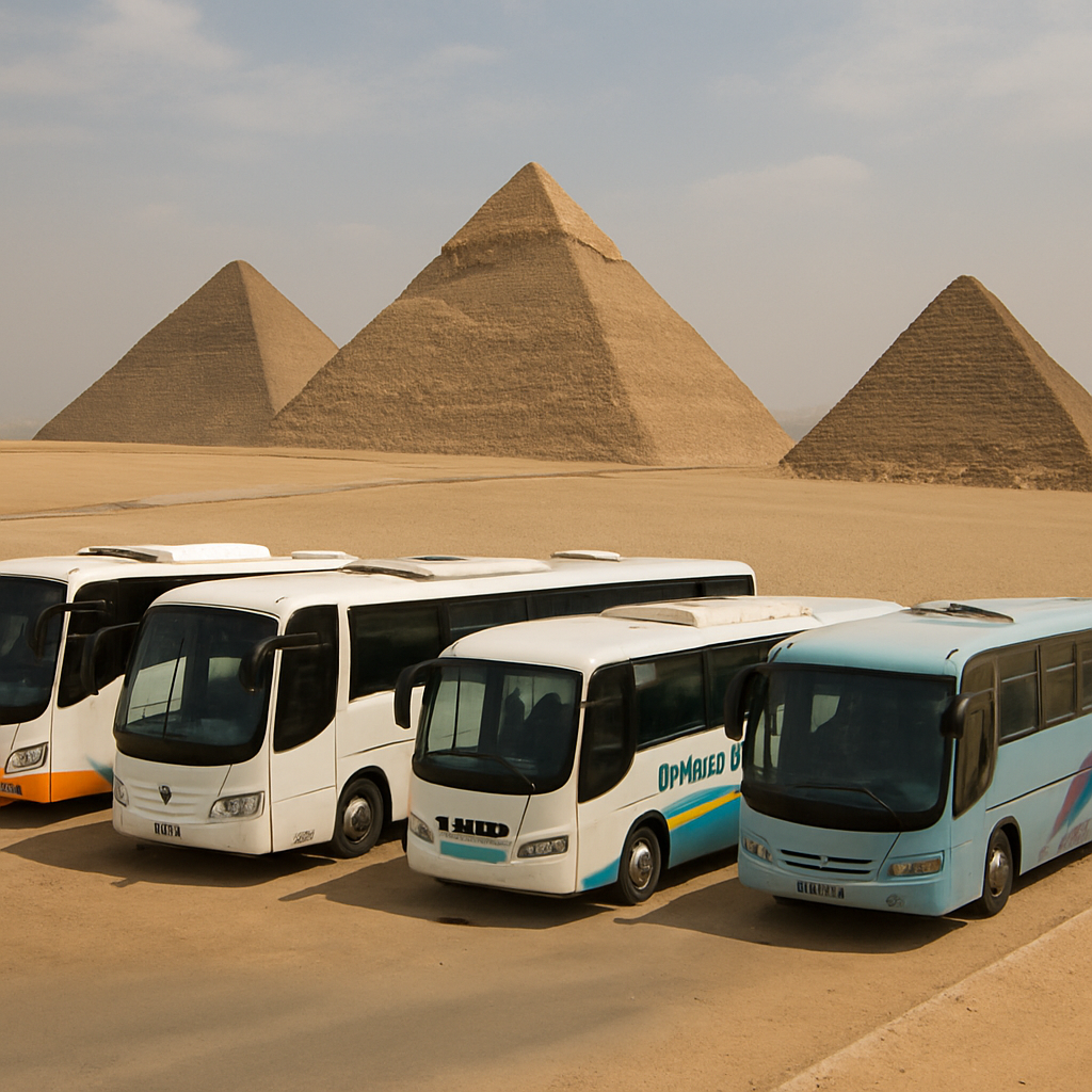 Tour buses parked near the pyramids