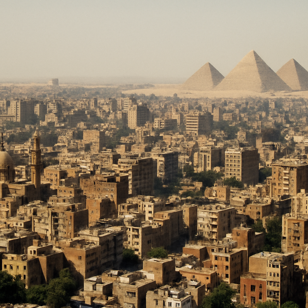 Panoramic view of Cairo with the Pyramids in the background