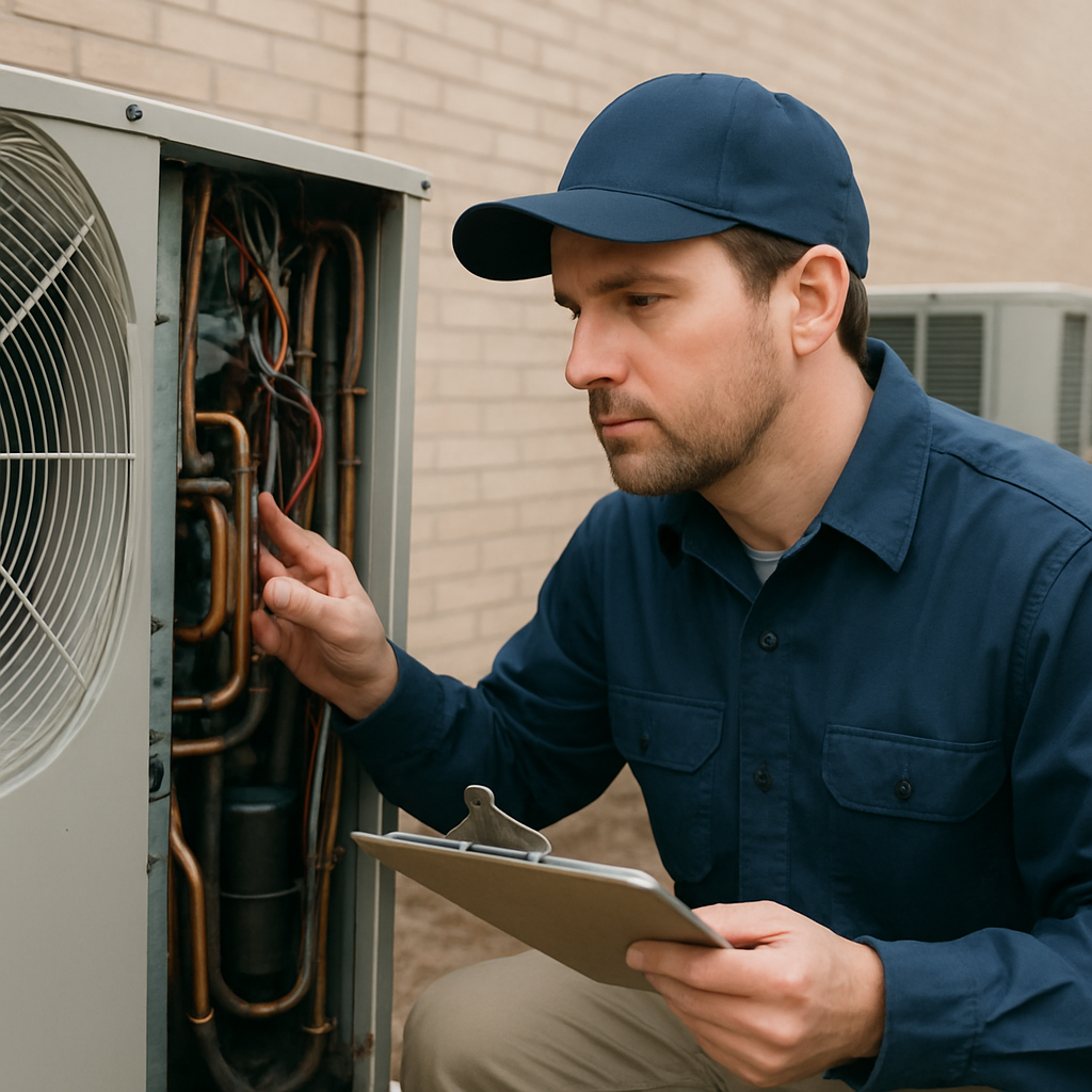 HVAC contractor examining equipment