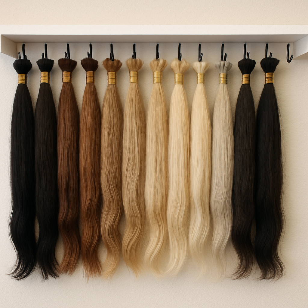 Variety of hair extensions displayed on a salon shelf
