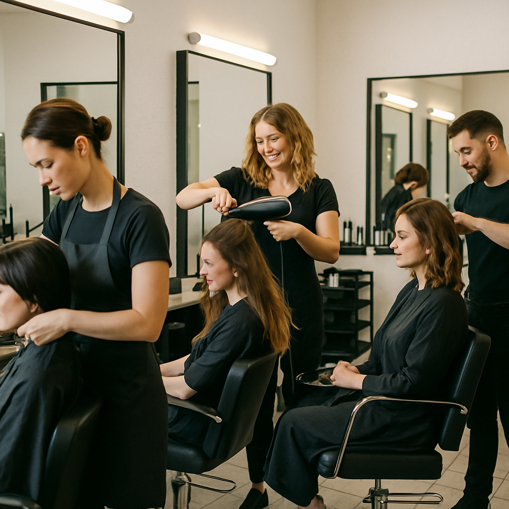 Hair salon interior with professional stylists working