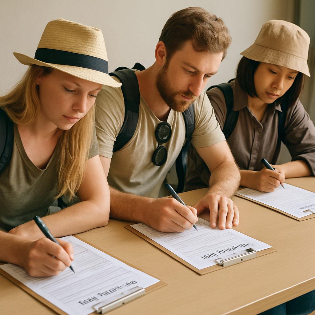 Tourists filling out visa application forms