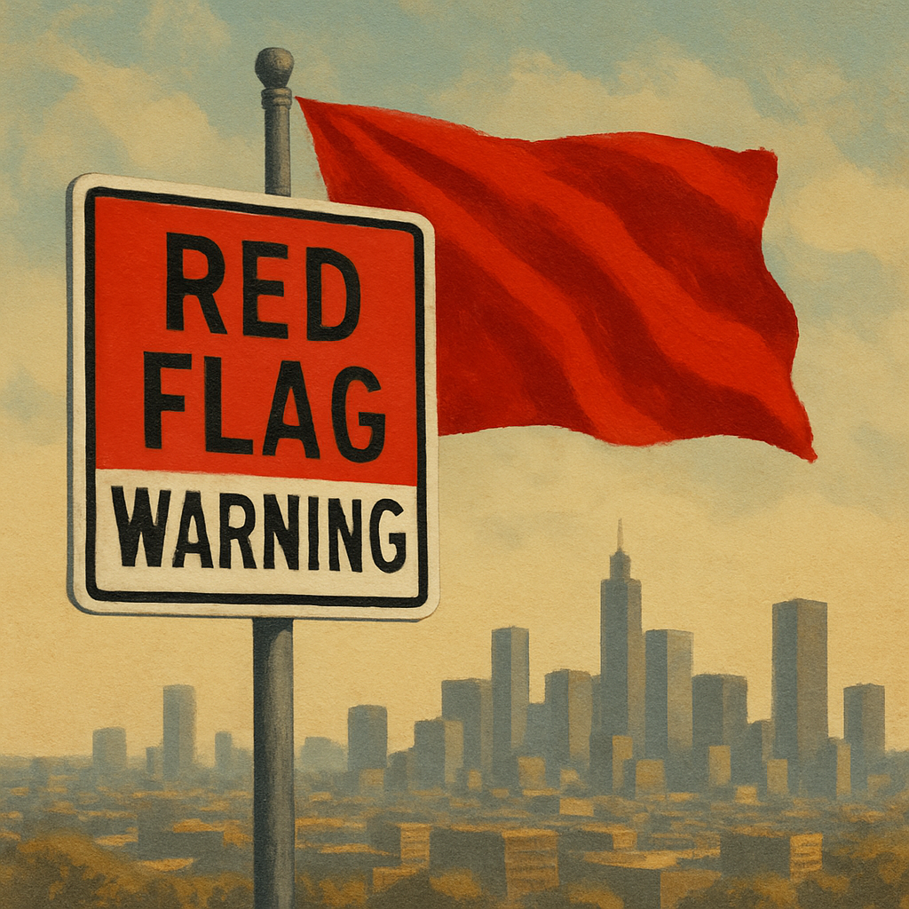 Red flag warning over a cityscape