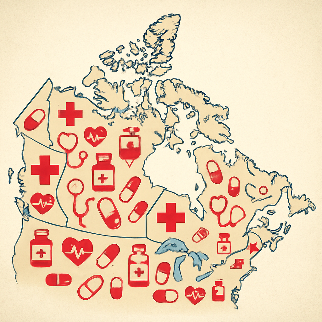 Map of Canada with healthcare symbols