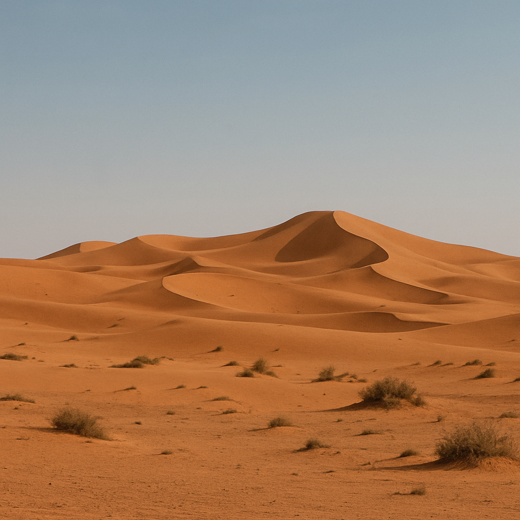 Paisaje desértico de Marruecos con dunas de arena y un cielo azul claro