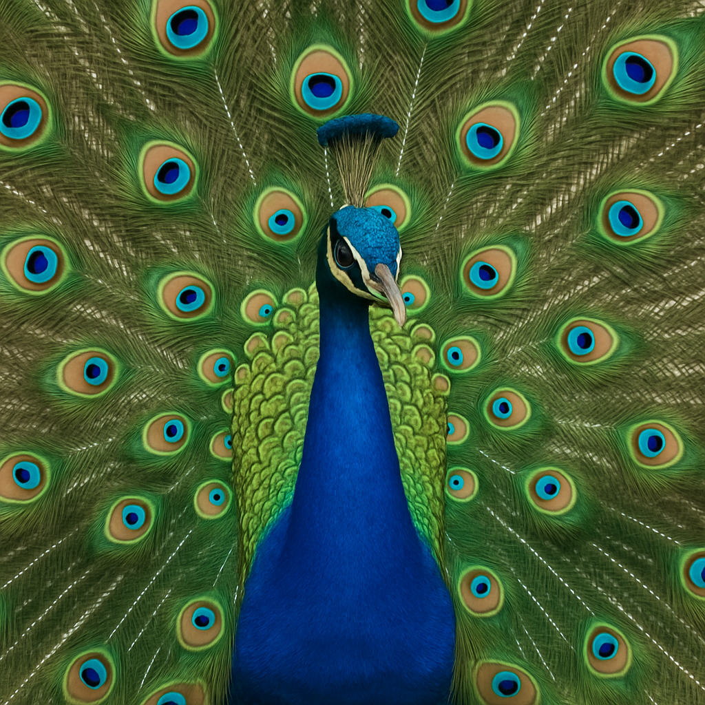 A majestic India Blue Peafowl displaying its feathers